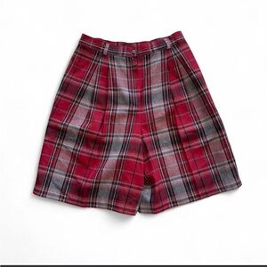 Vintage plaid red grey black high waisted shorts wool mix 90s mom shorts 29/30”